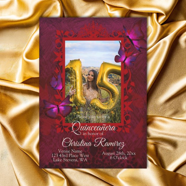 Fancy Ruby Red Butterfly Quinceanera Invitation (Red and pink quinceanera invitation templates, red mis quince english wording script writing)