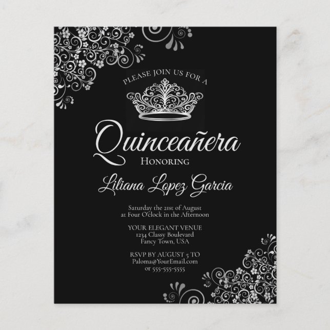 Fancy Silver & Black BUDGET Quinceañera Invitation (Devant)
