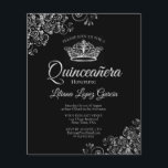 Fancy Silver & Black BUDGET Quinceañera Invitation<br><div class="desc">Ces invitations abordables et abordables Quinceañera sont le choix parfait pour la classe, le style et la beauté sur un budget. Le design est composé d'un arrière - plan noir classique avec une couronne argentée et des boucles et tourbillons gris argenté dans les coins. La typographie comprend des lettres de...</div>