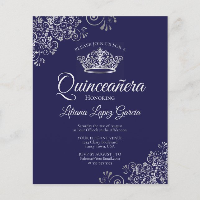 Fancy Silver & Navy BUDGET Quinceañera Invitation (Devant)