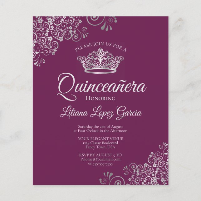 Fancy Silver & Plum BUDGET Quinceañera Invitation (Devant)