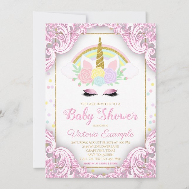 Fancy Unicorn Baby Girl Shower Invitations (Devant)