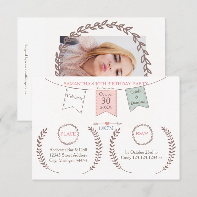 Fanion élégant - Invitation pour fête d'anniversai (Devant / Derrière)