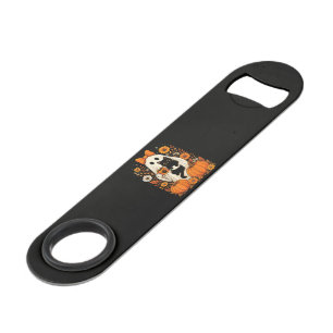 Fantôme groovy d'Halloween tenant un chat noir flo