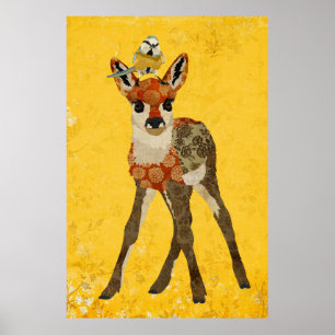 Faon floral et petite affiche d'art d'oiseau