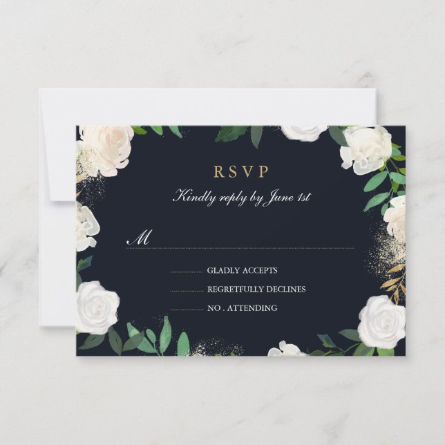 Fard à joues feuille florale Navy or mariage RSVP (Devant)