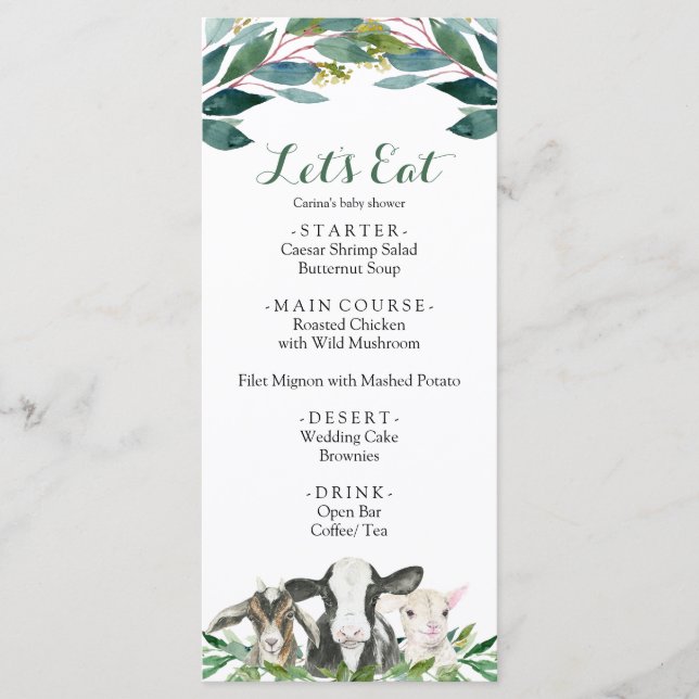 Farm Animal Green Boy Baby shower Menu (Devant)