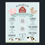 Farm Animals1st Birthday Milestone Blue Poster<br><div class="desc">This cute and modern boy's1st/first birthday milestone poster features a pig,  chicken,  and cow with a red barn on a baby blue background.  Personalize for your needs. You can find matching products at my store.</div>