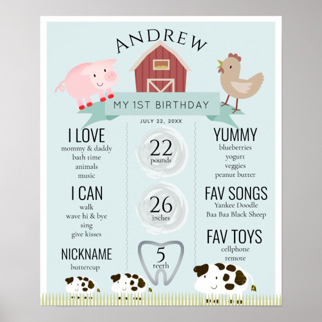 Farm Animals1st Birthday Milestone Blue Poster (Devant)