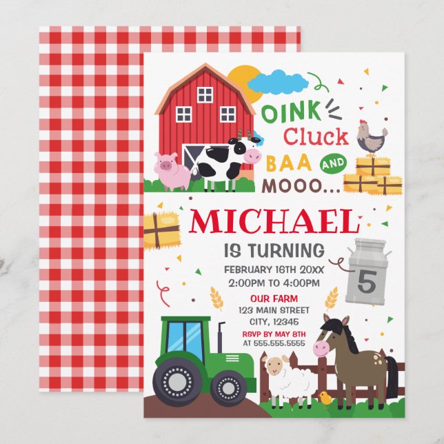 Farm animals Birthday kid Invitation (Devant / Derrière)