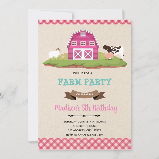 Farm barnyard fille anniversaire invitation (Devant)