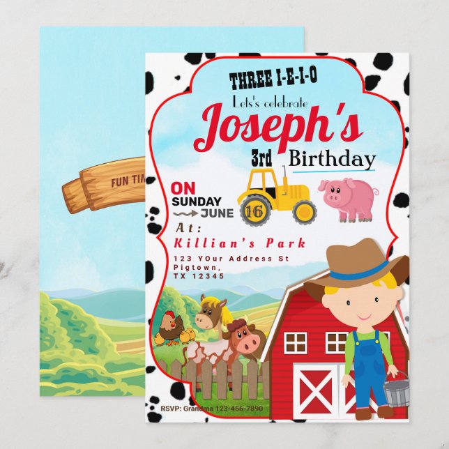 FARM BOY 3rd BIRTHDAY INVITATION THREE-I-I-I-O (Devant / Derrière)