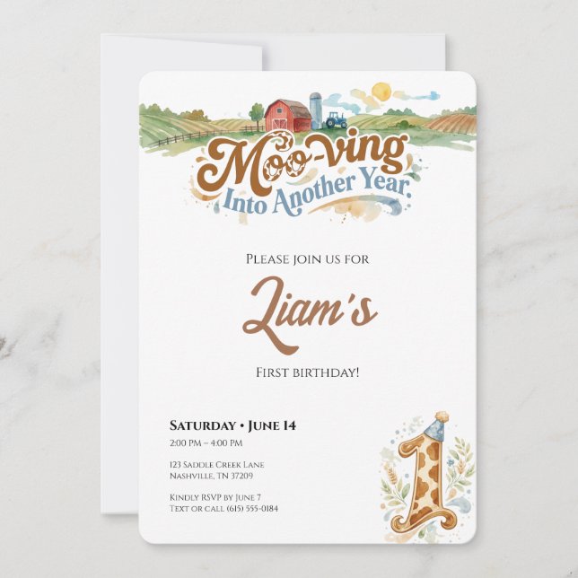Farm First Birthday Invitation Moo-ving Into One (Devant)