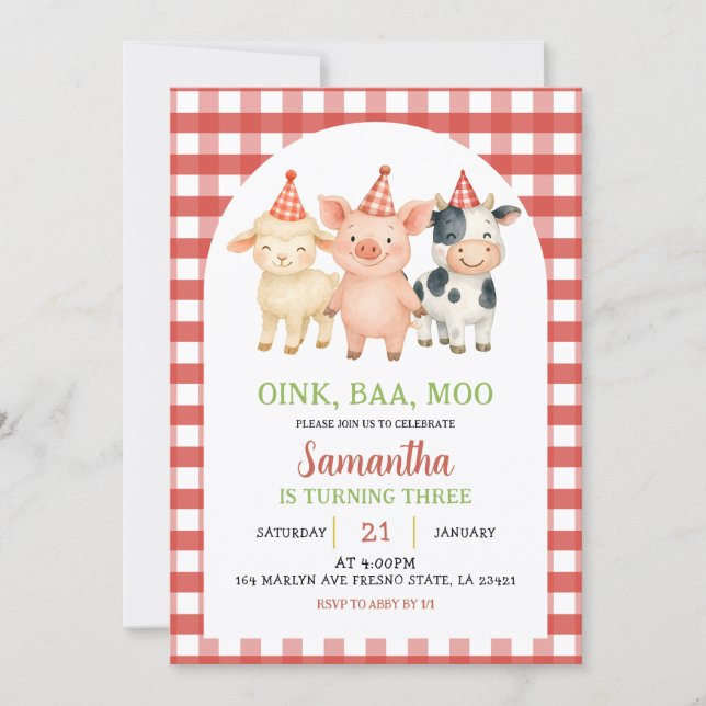 Farm Party Gingham Birthday Invitation (Devant)