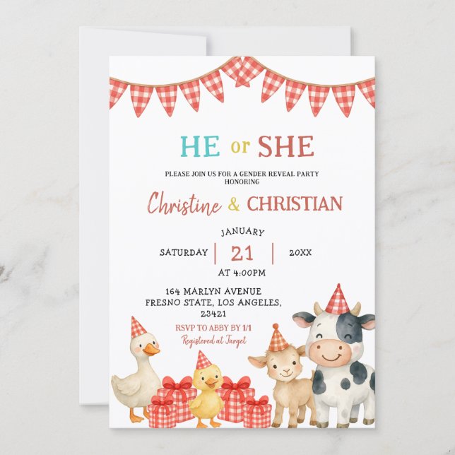 Farm Party He or She Gender Reveal Invitation (Devant)