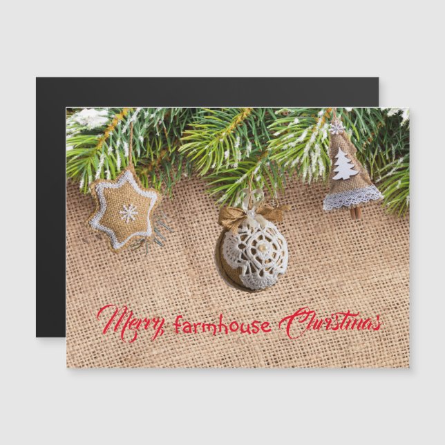 Farmhouse Christmas Burlap Ornement Carte magnétiq (Devant / Derrière)