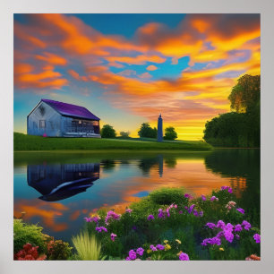 Farmhouse Purple roof Pond at Sunrise Poster