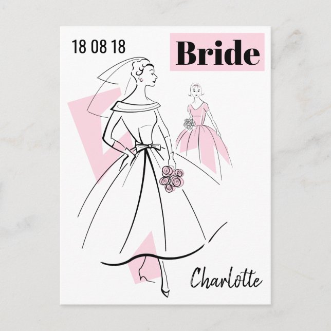 Fashion Bride Groupe rose Date Nom carte postale (Devant)