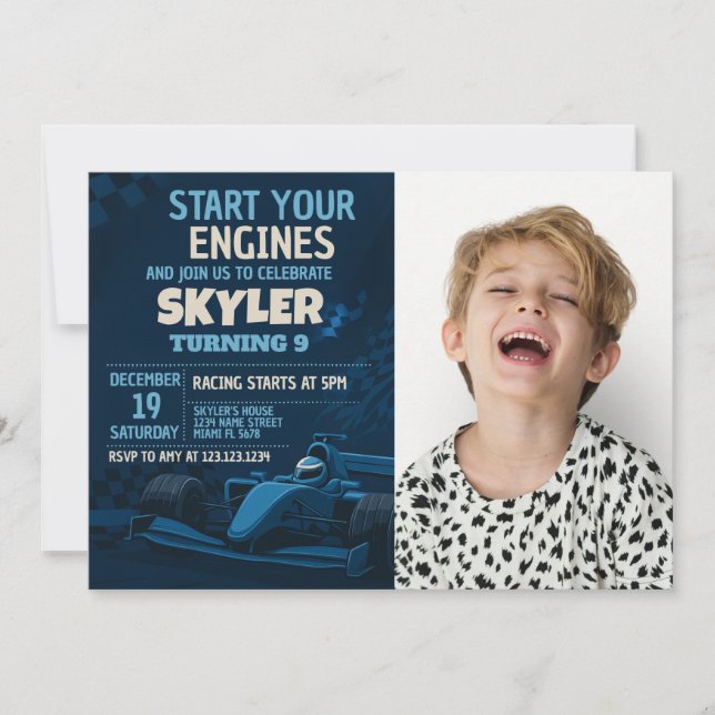 Fast Lane Race Car Anniversaire Invitation avec ph (Devant)