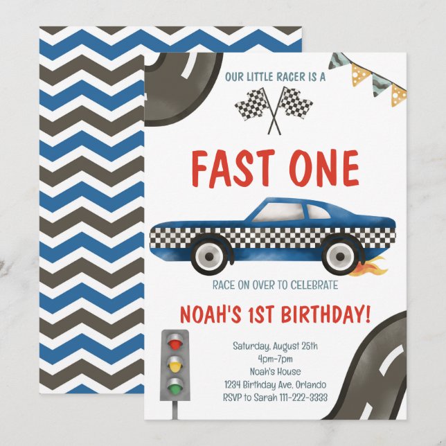 Fast One Blue Race Car 1er Invitation anniversaire (Devant / Derrière)