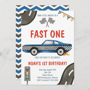 Fast One Blue Race Car 1er Invitation anniversaire