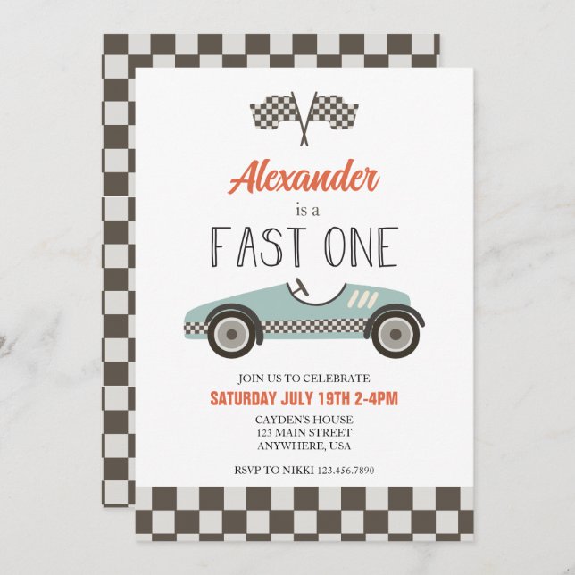Fast One blue Race Car Invitation Anniversaire (Devant / Derrière)
