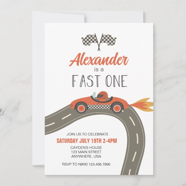 Fast One blue Race Car Invitation Anniversaire (Devant)