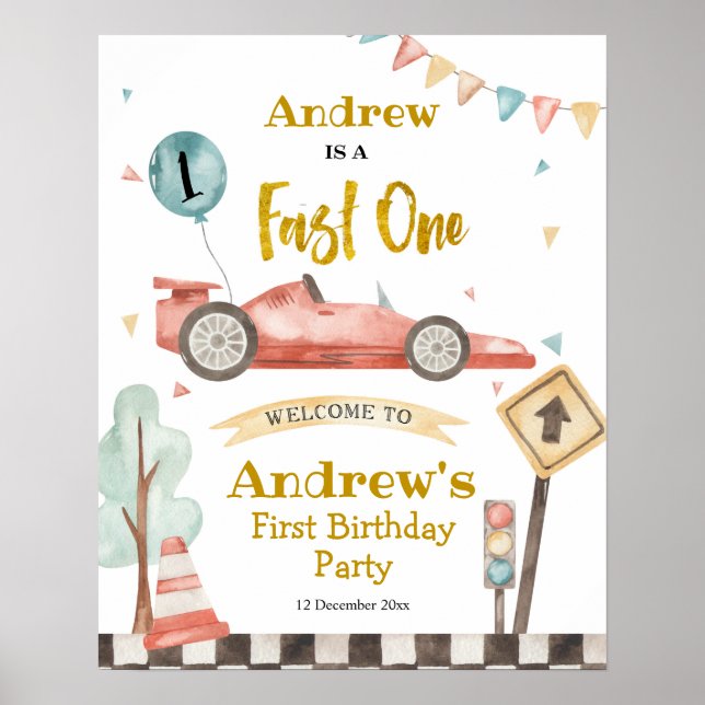 Fast One Boy First Birthday Racing Affiche de bien (Devant)