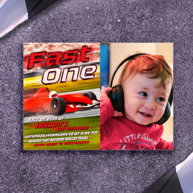 Fast One Racing avec invitation photo (Fast One - Racing 1st Birthday Landscape Invitation with Photo)