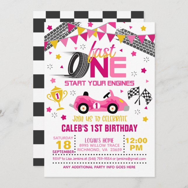 Fast One Racing First Birthday Invitation - Girl (Devant / Derrière)