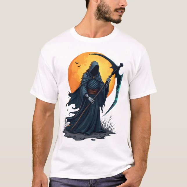 Faucheuse avec Faux � T-shirt Halloween Effrayant (Devant)