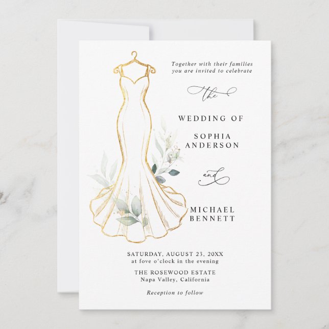Fausse Robe de Mariée Invitation Or et Verdure (Devant)