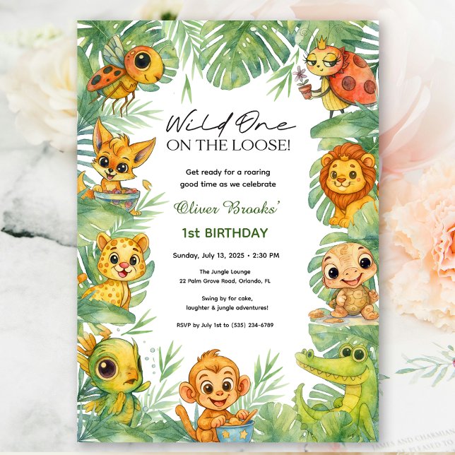 Fauve en liberté ! | Invitation 1er anniversaire g (Wild One Jungle Safari Boy 1st Birthday Invite)