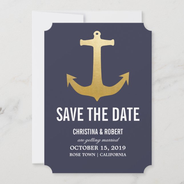 Faux Ancre Naautique en Feuille d'Or Save The Date (Devant)