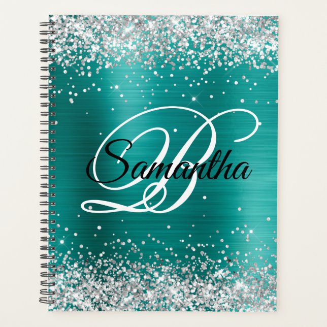 Faux Argent Brillant Paillettes Aqua Turquoise Feu (Devant)