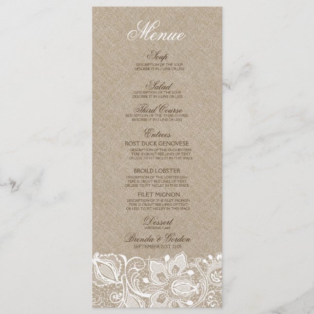 Faux Beige Linen Burlap & White Lace Mariage Menu (Devant)