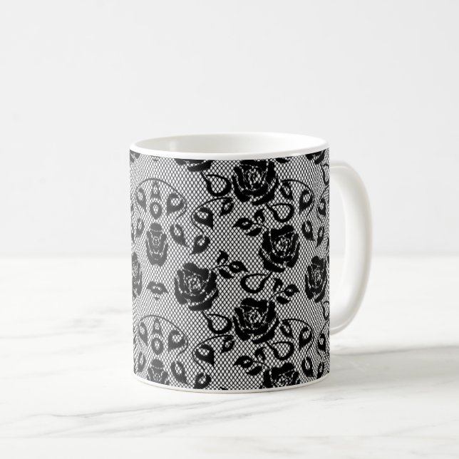 Faux Black Lace Rose Fishnet Coffee Mug (Devant droit)