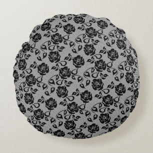 Faux Black Lace Rose Fishnet Coussin rond