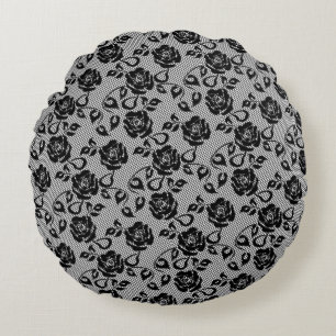 Faux Black Lace Rose Fishnet Round Coussin