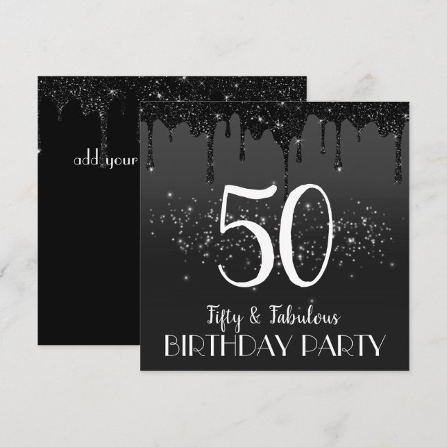 faux black sparkle 50e anniversaire invitation (Devant / Derrière)