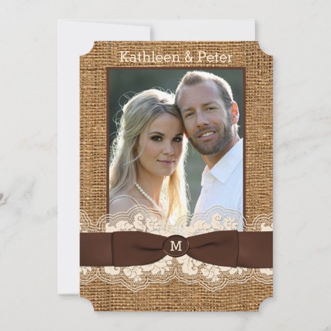 FAUX Burlap, Dentelle, Invitation à un mariage ave (Devant)
