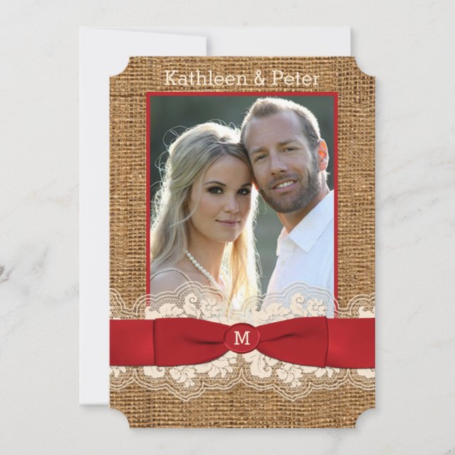 FAUX Burlap, dentelle, invitation de mariage en ph (Devant)