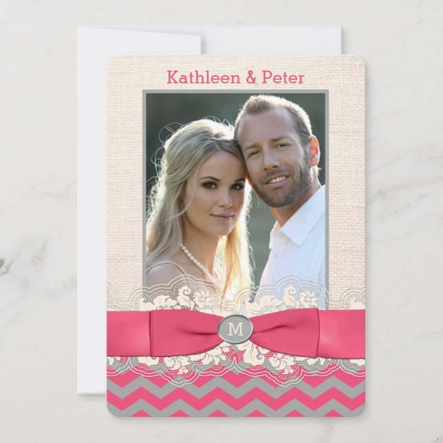 FAUX Burlap, invitation de mariage en dentelle, Ch (Devant)