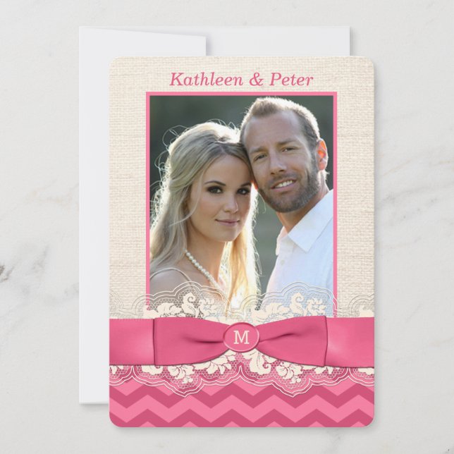 FAUX Burlap, invitation de mariage en dentelle, Ch (Devant)