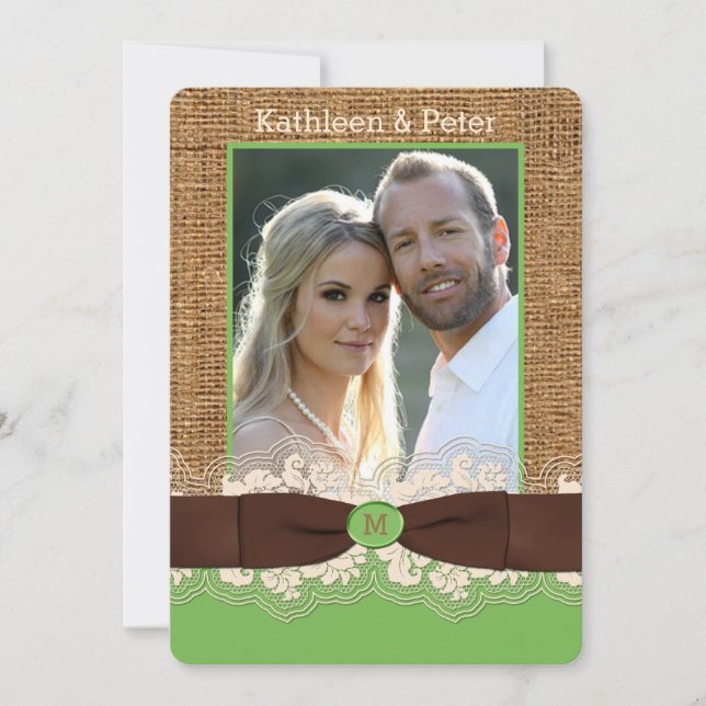 FAUX Burlap Lace Bow Invitation de mariage PHOTO,  (Devant)