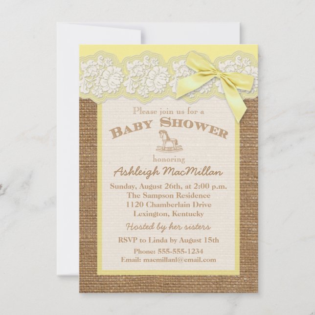 FAUX Burlap Lace ivoire, Invitation Baby shower ja (Devant)