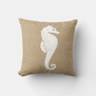 Faux Burlap Oreiller Nautique avec Cheval de Mer