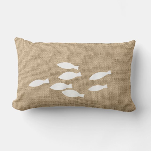 Faux Burlap Oreiller Nautique avec Poisson (Recto)