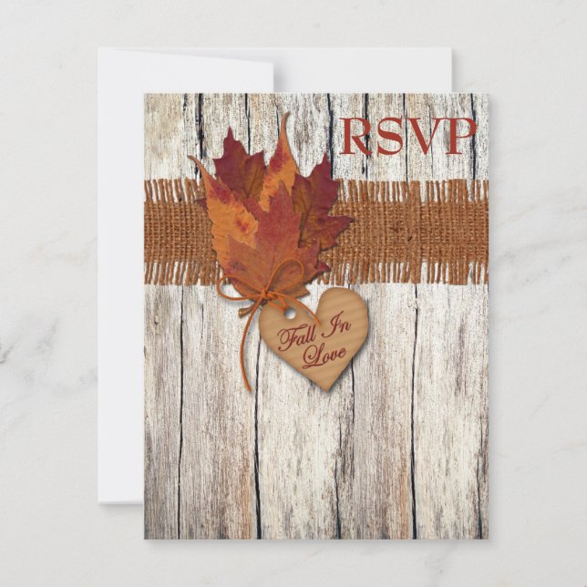 FAUX Burlap Wood Feuilles Mariage de coeur Carte d (Devant)