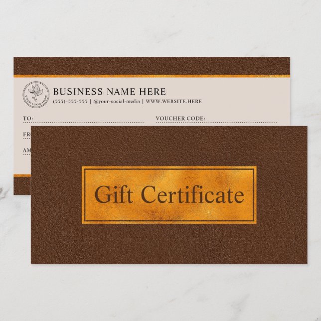 Faux cuir marron et certificat-cadeau en feuille d (Devant / Derrière)